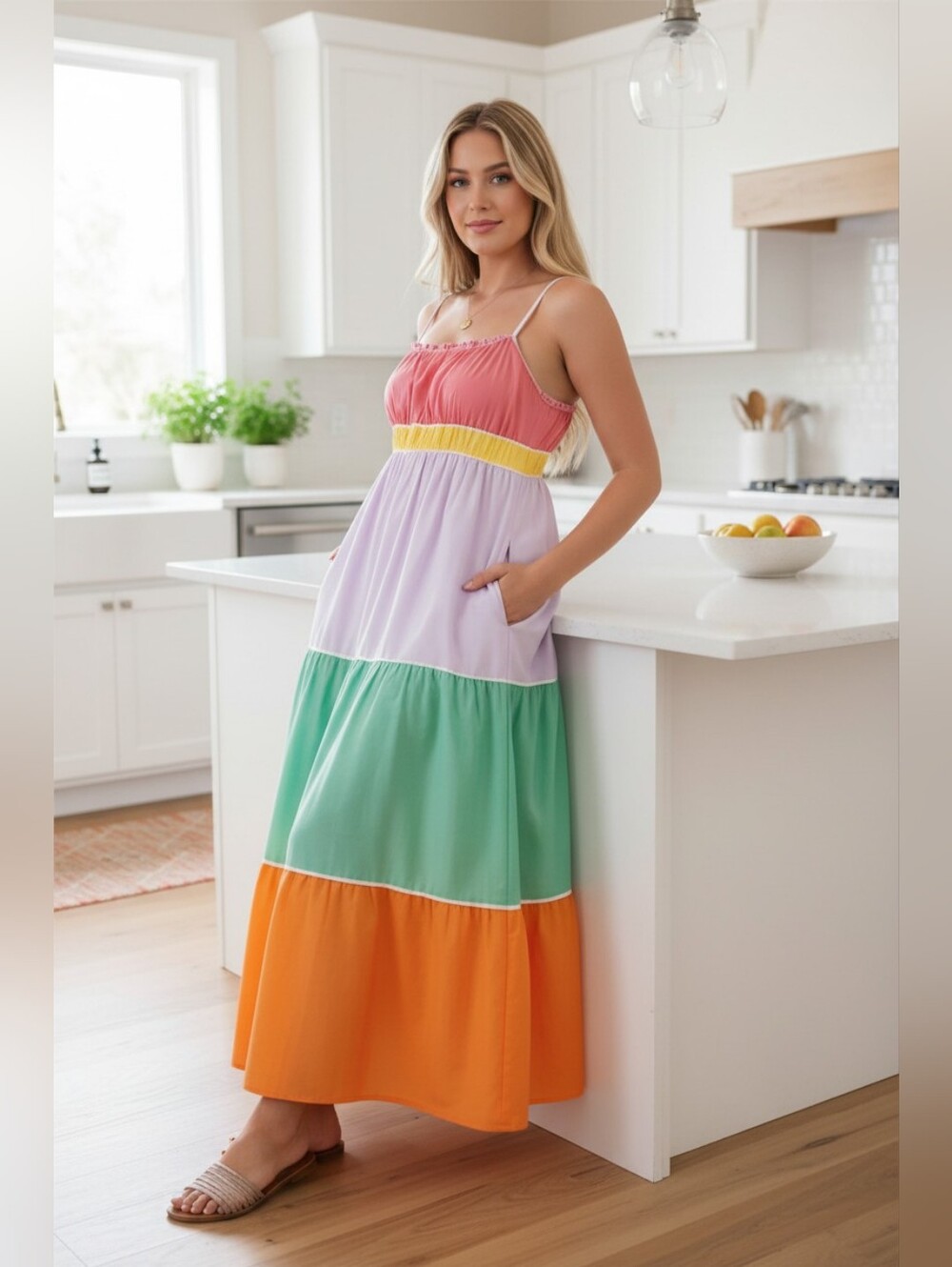 Cotton Bright Color Block Tiered Tie Straps Side Slit Pockets Vibrant Maxi Dress